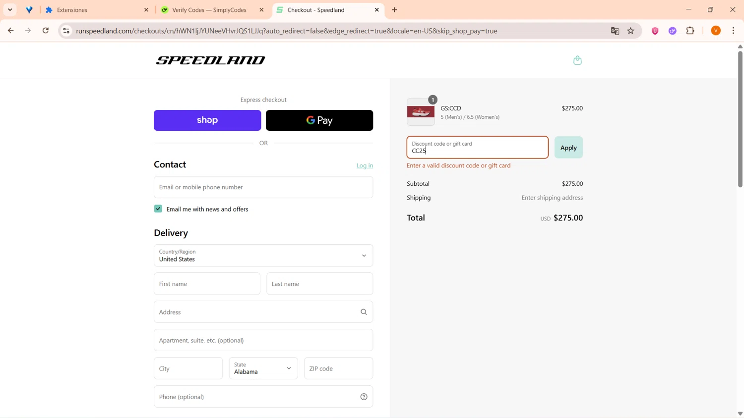 Speedland discount code screenshot showing code CC25 applied at Speedland checkout page. Uploaded by SimplyCodes community member FortunateFinder9465 on Aug 13, 2025