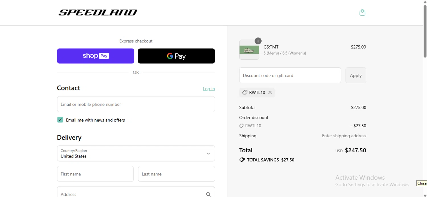 Speedland discount code screenshot showing code RWTL10 applied at Speedland checkout page. Uploaded by SimplyCodes community member anosesmith on Aug 6, 2025
