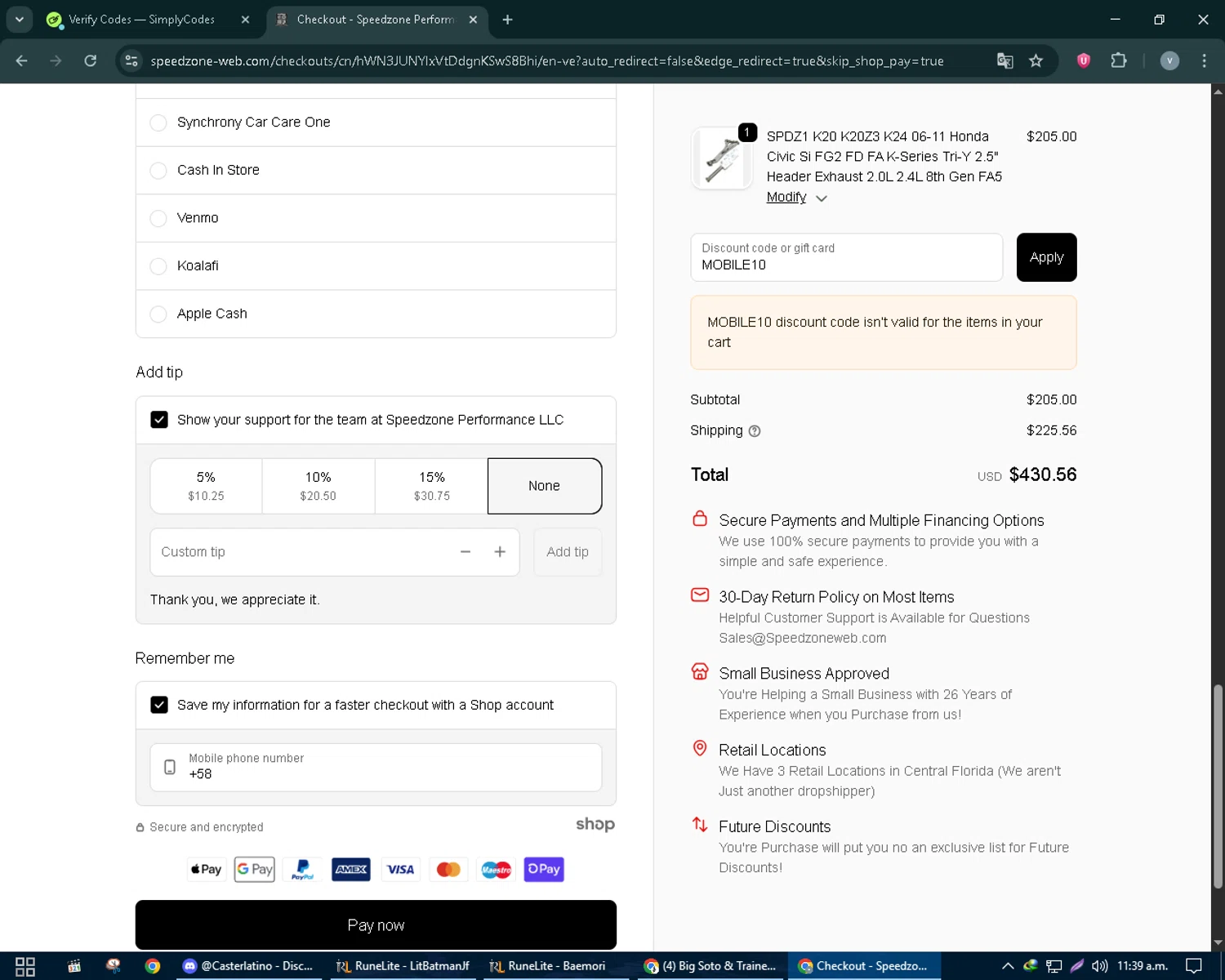 Speedzone Performance discount code screenshot showing code MOBILE10 applied at Speedzone Performance checkout page. Uploaded by SimplyCodes community member charmander589 on Sep 23, 2025