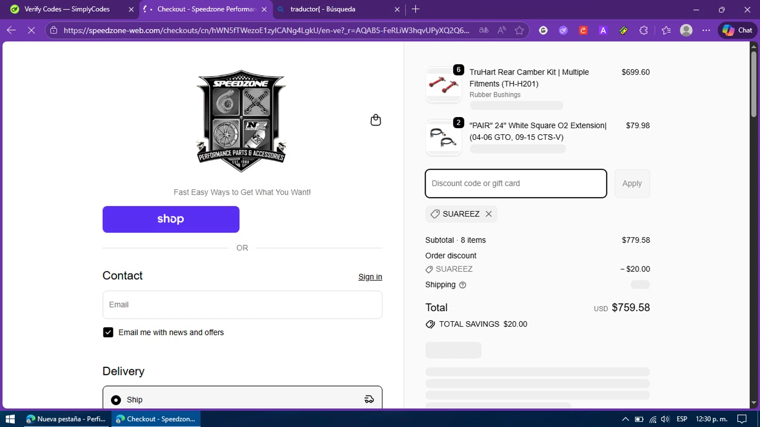 Speedzone Performance discount code screenshot showing code SUAREEZ applied at Speedzone Performance checkout page. Uploaded by SimplyCodes community member BargainFox507 on Nov 24, 2025