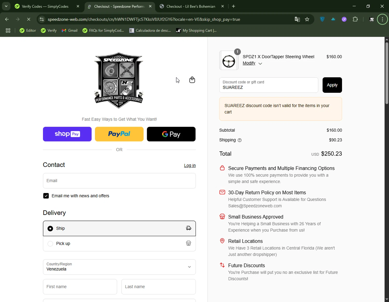 Speedzone Performance discount code screenshot showing code SUAREEZ applied at Speedzone Performance checkout page. Uploaded by SimplyCodes community member FelixelGato on Jul 30, 2025
