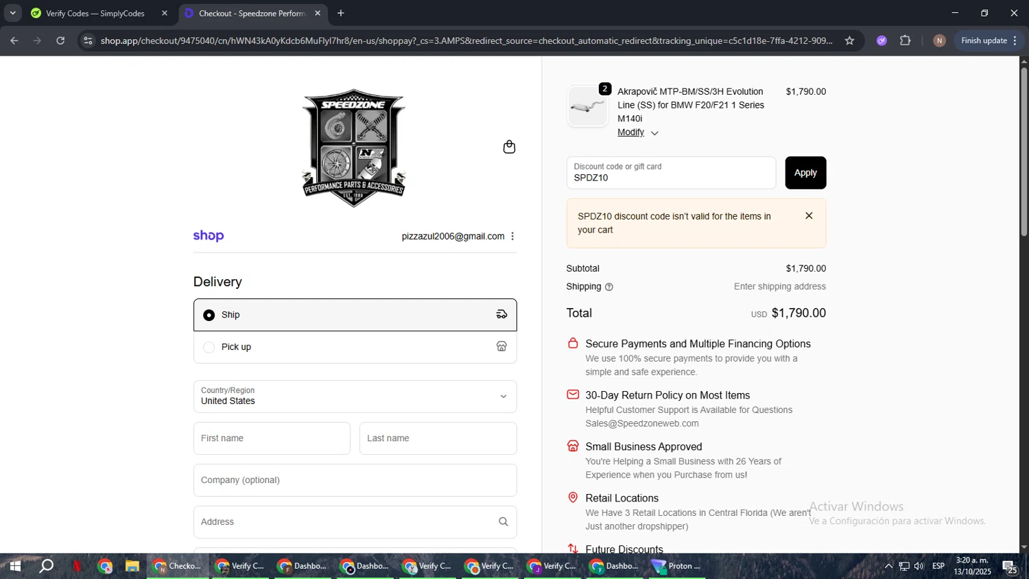 Speedzone Performance discount code screenshot showing code SPDZ10 applied at Speedzone Performance checkout page. Uploaded by SimplyCodes community member DiscountPioneer2554 on Oct 13, 2025
