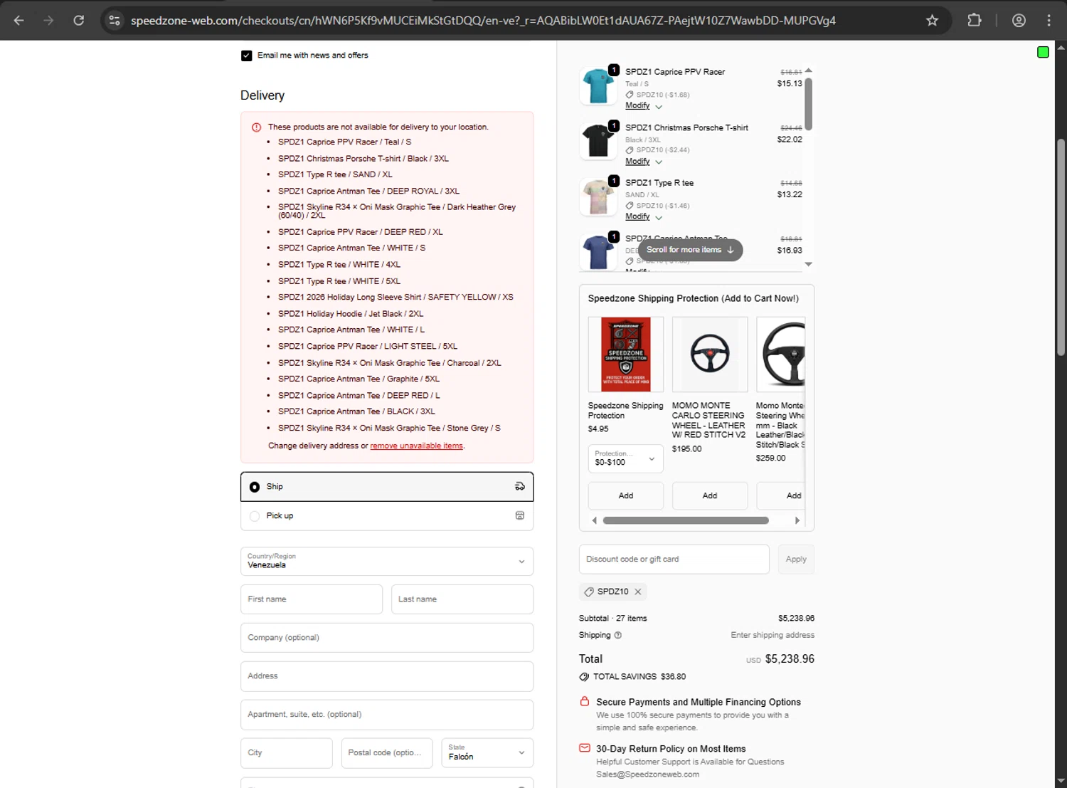 Speedzone Performance discount code screenshot showing code SPDZ10 applied at Speedzone Performance checkout page. Uploaded by SimplyCodes community member jickselyspolanco on Dec 14, 2025