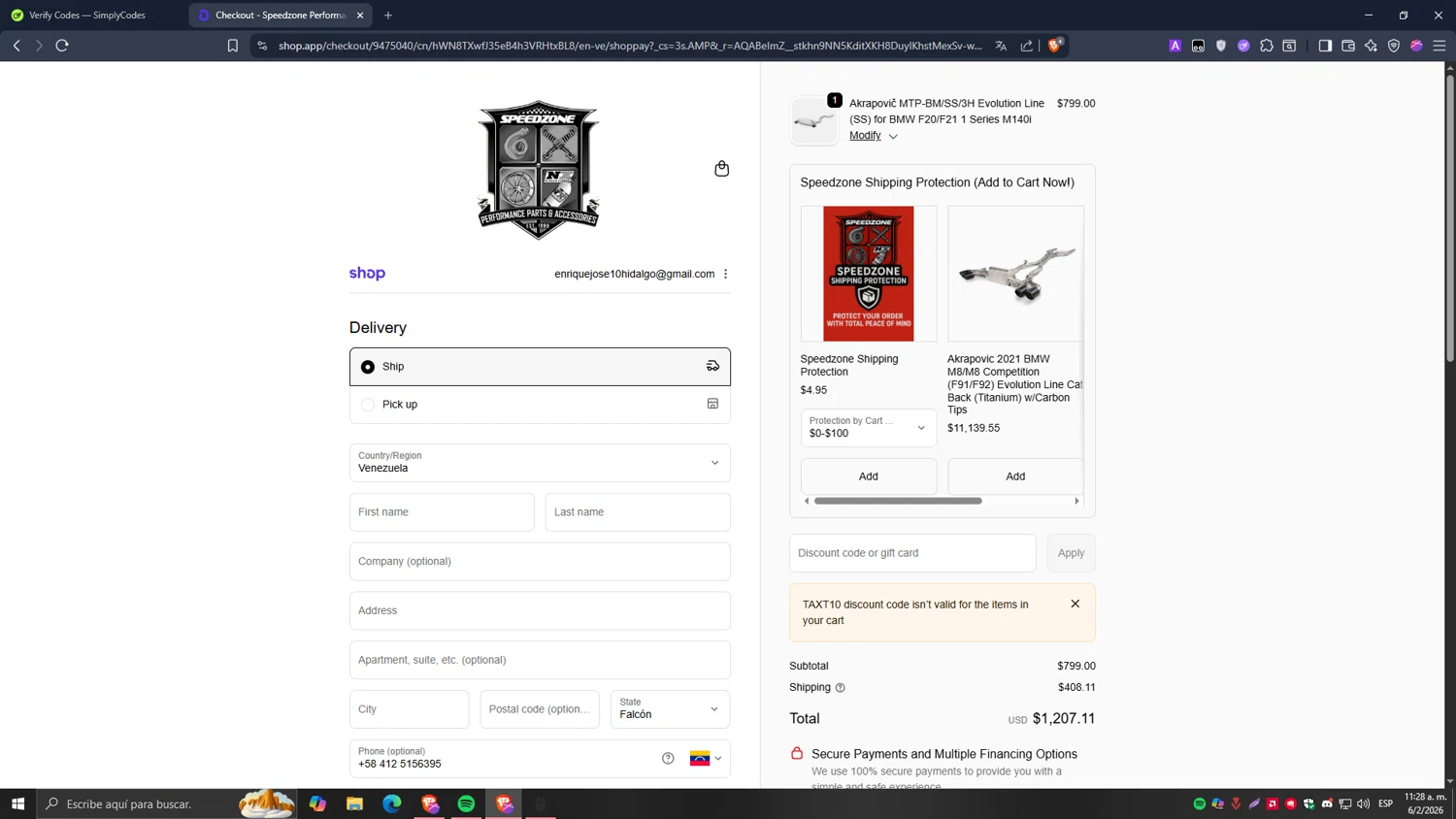 Speedzone Performance promo code screenshot showing code TAXT10 applied at Speedzone Performance checkout page. Uploaded by SimplyCodes community member Carlos54 on Feb 6, 2026