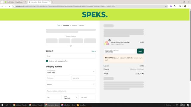 Speks. checkout page showing Speks. discount code box | Screenshot taken by SimplyCodes community member on Sep 16, 2025