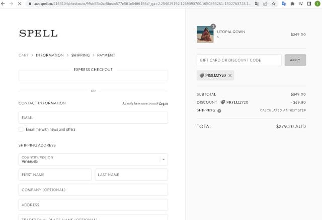 Spell AUS checkout page showing Spell AUS promo code box | Screenshot taken by SimplyCodes community member on Apr 25, 2022