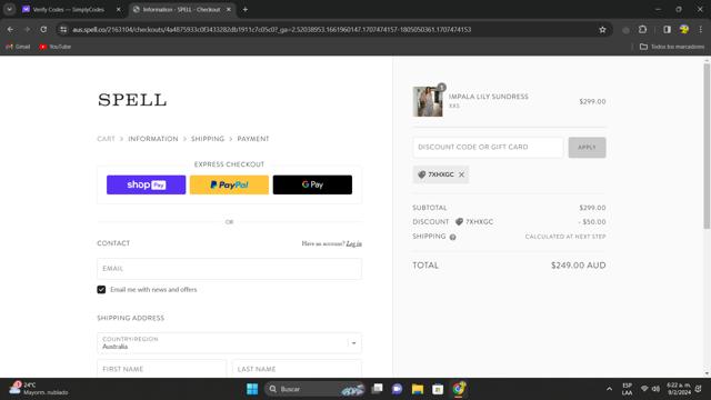 Spell AUS checkout page showing Spell AUS promo code box | Screenshot taken by SimplyCodes community member on Feb 9, 2024