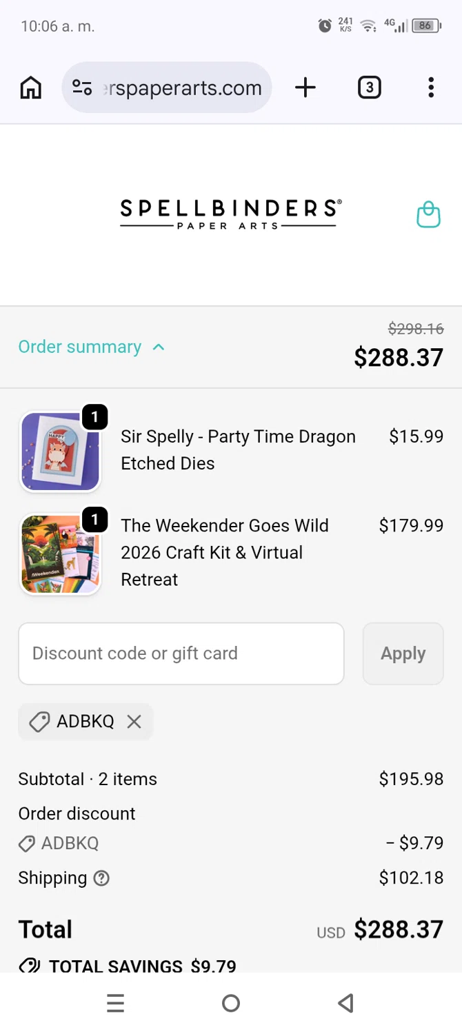 Spellbinders promo code screenshot showing code ADBKQ applied at Spellbinders checkout page. Uploaded by SimplyCodes community member AnthonyGuapeton94 on Jun 11, 2026