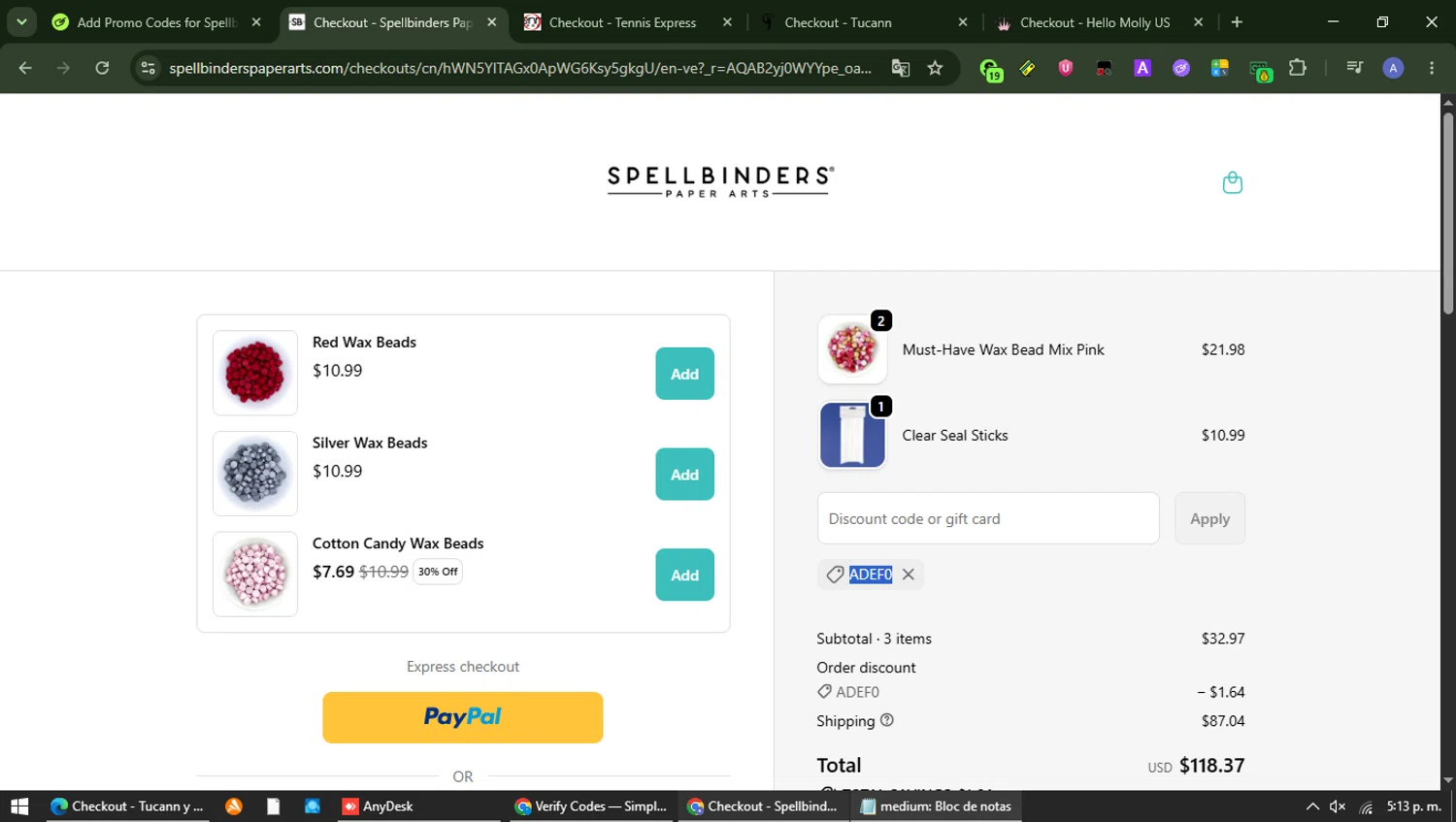 Spellbinders promo code screenshot showing code ADEF0 applied at Spellbinders checkout page. Uploaded by SimplyCodes community member Carolina23 on Jun 11, 2026