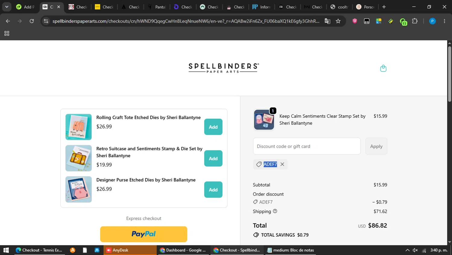 Spellbinders promo code screenshot showing code ADEF7 applied at Spellbinders checkout page. Uploaded by SimplyCodes community member MAVESA on Jun 9, 2026