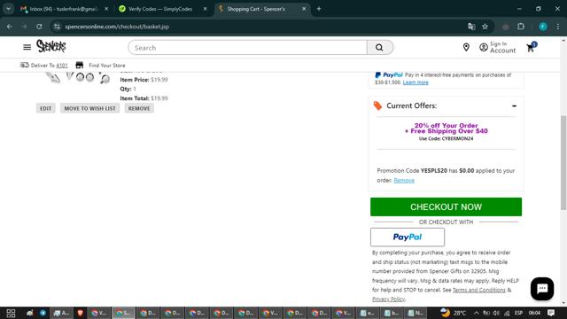 Spencers Online checkout page showing Spencers Online coupon code box | Screenshot taken by SimplyCodes community member on Dec 2, 2024
