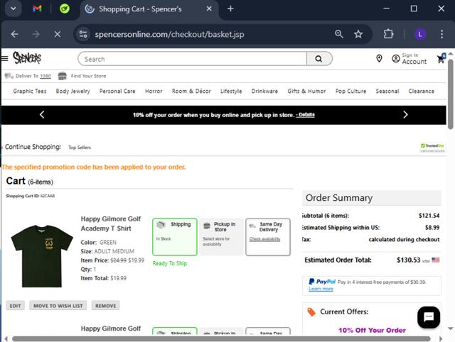 Spencers Online checkout page showing Spencers Online coupon code box | Screenshot taken by SimplyCodes community member on Mar 19, 2025