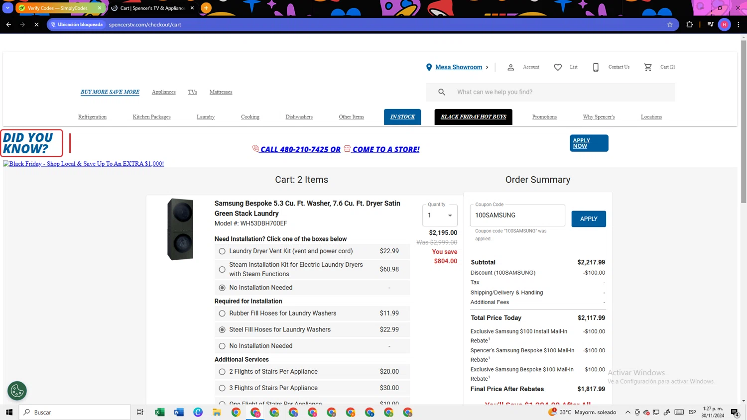 Spencers TV & Appliance checkout page showing Spencers TV & Appliance promo code box | Screenshot taken by SimplyCodes community member on Nov 30, 2024