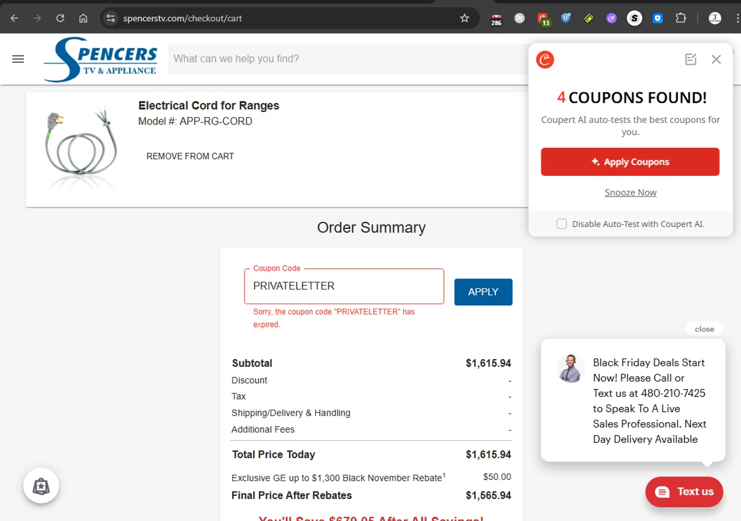 Spencers TV & Appliance promo code screenshot showing code PRIVATELETTER applied at Spencers TV & Appliance checkout page. Uploaded by SimplyCodes community member couponcheck02 on Nov 7, 2025