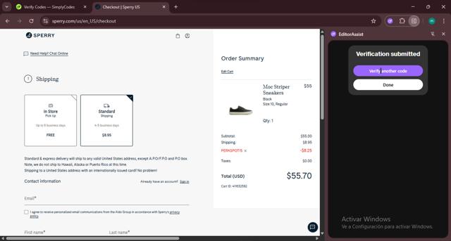 Sperry checkout page showing Sperry promo code box | Screenshot taken by SimplyCodes community member on Sep 2, 2025