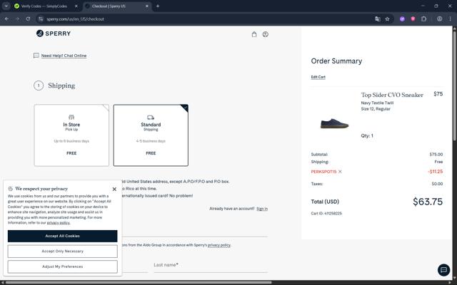 Sperry checkout page showing Sperry promo code box | Screenshot taken by SimplyCodes community member on Aug 16, 2025