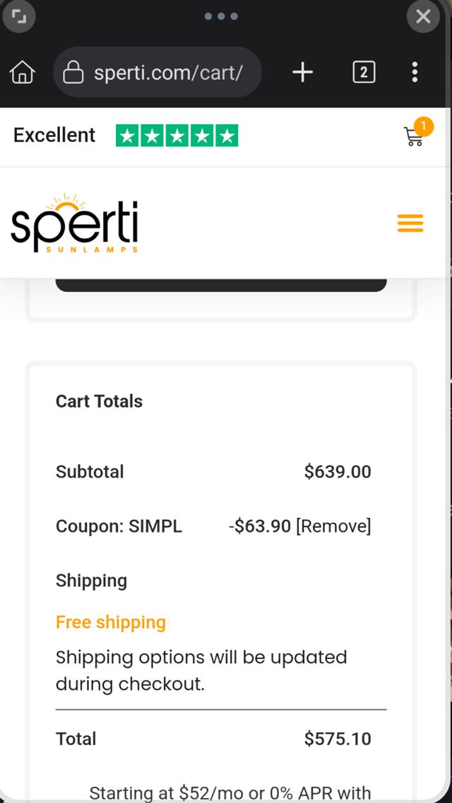 Sperti checkout page showing Sperti coupon code box | Screenshot taken by SimplyCodes community member on Aug 26, 2025