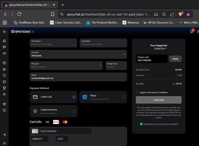 SpicyChat checkout page showing SpicyChat promo code box | Screenshot taken by SimplyCodes community member on Aug 20, 2025