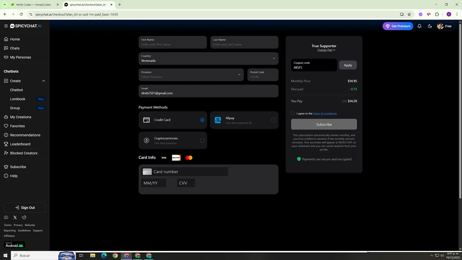 SpicyChat promo code screenshot showing code AIGF5 applied at SpicyChat checkout page. Uploaded by SimplyCodes community member Hasta_El_Final on Dec 19, 2025