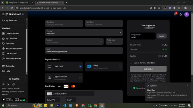 SpicyChat checkout page showing SpicyChat promo code box | Screenshot taken by SimplyCodes community member on Aug 16, 2025