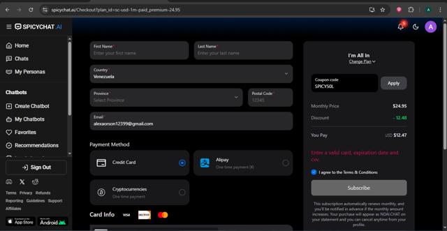 SpicyChat checkout page showing SpicyChat promo code box | Screenshot taken by SimplyCodes community member on Sep 14, 2025