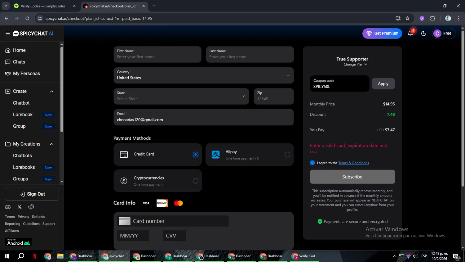 SpicyChat promo code screenshot showing code SPICY50L applied at SpicyChat checkout page. Uploaded by SimplyCodes community member ShrewdSeeker6165 on Feb 10, 2026