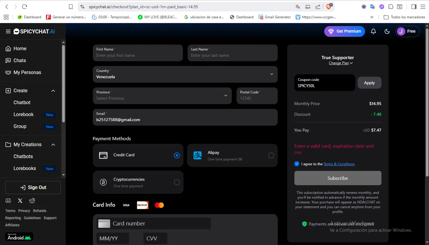 SpicyChat promo code screenshot showing code SPICY50L applied at SpicyChat checkout page. Uploaded by SimplyCodes community member VoucherFalcon3942 on Jan 29, 2026
