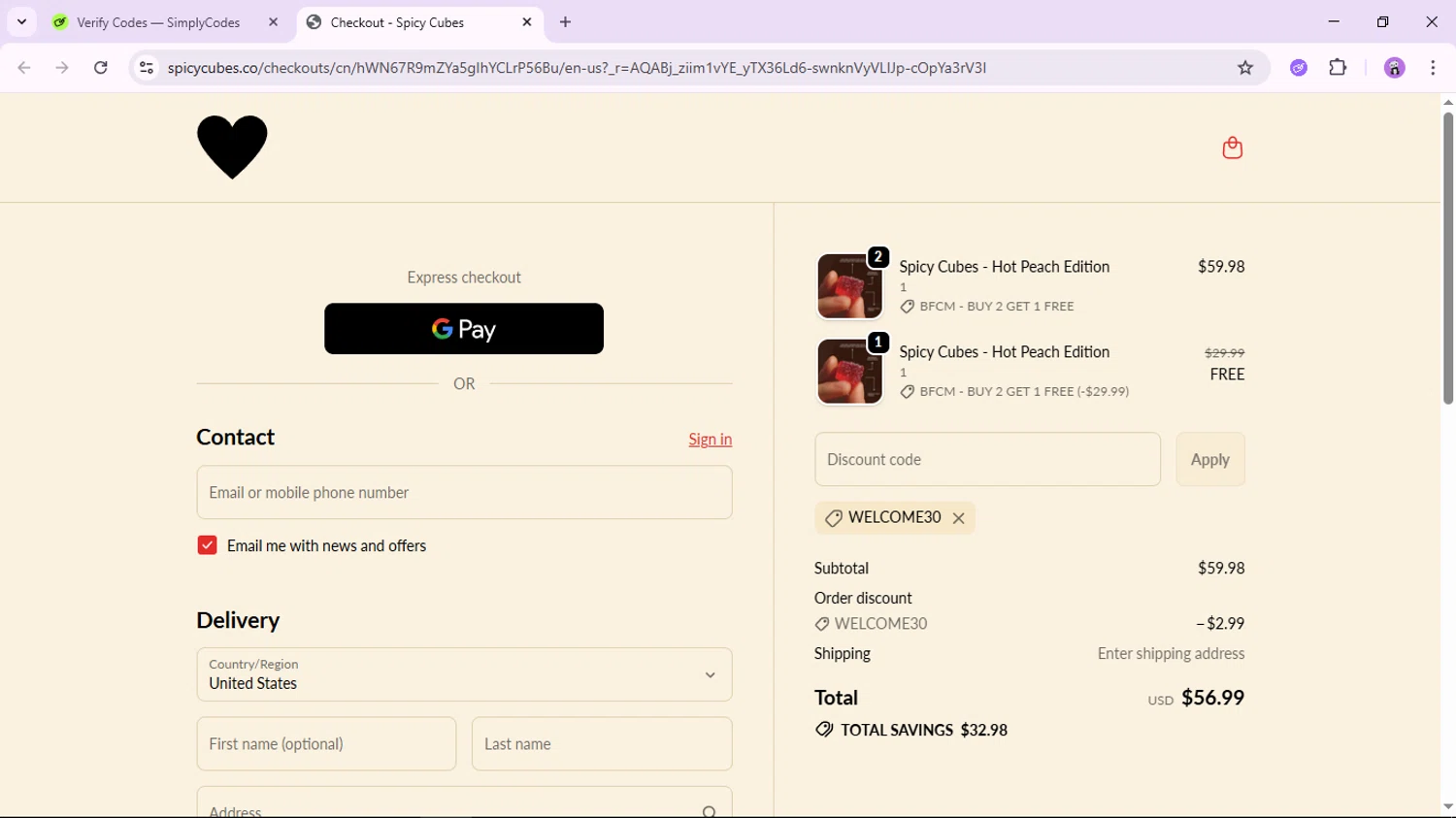 Spicy Cubes discount code screenshot showing code WELCOME30 applied at Spicy Cubes checkout page. Uploaded by SimplyCodes community member jamesscott on Dec 6, 2025
