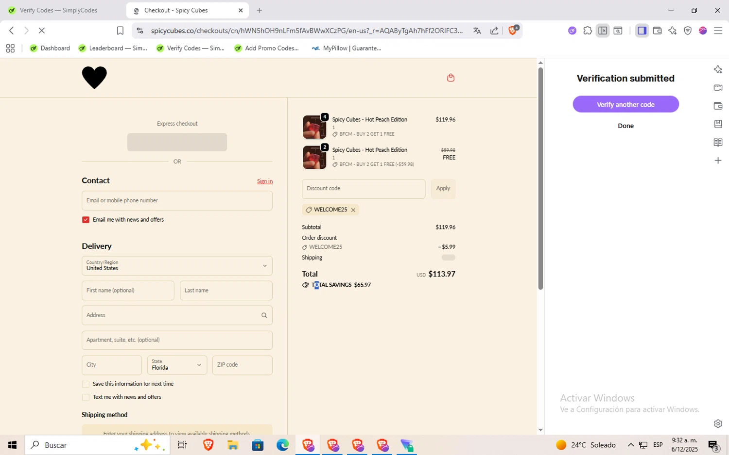 Spicy Cubes discount code screenshot showing code welcome25 applied at Spicy Cubes checkout page. Uploaded by SimplyCodes community member Rayyyyyy on Dec 6, 2025
