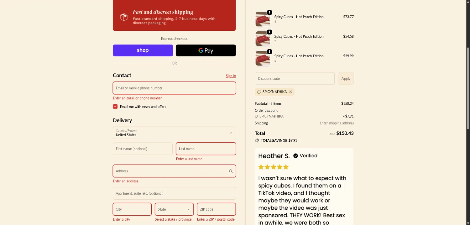 Spicy Cubes checkout page showing Spicy Cubes discount code box | Screenshot taken by SimplyCodes community member on Feb 10, 2026