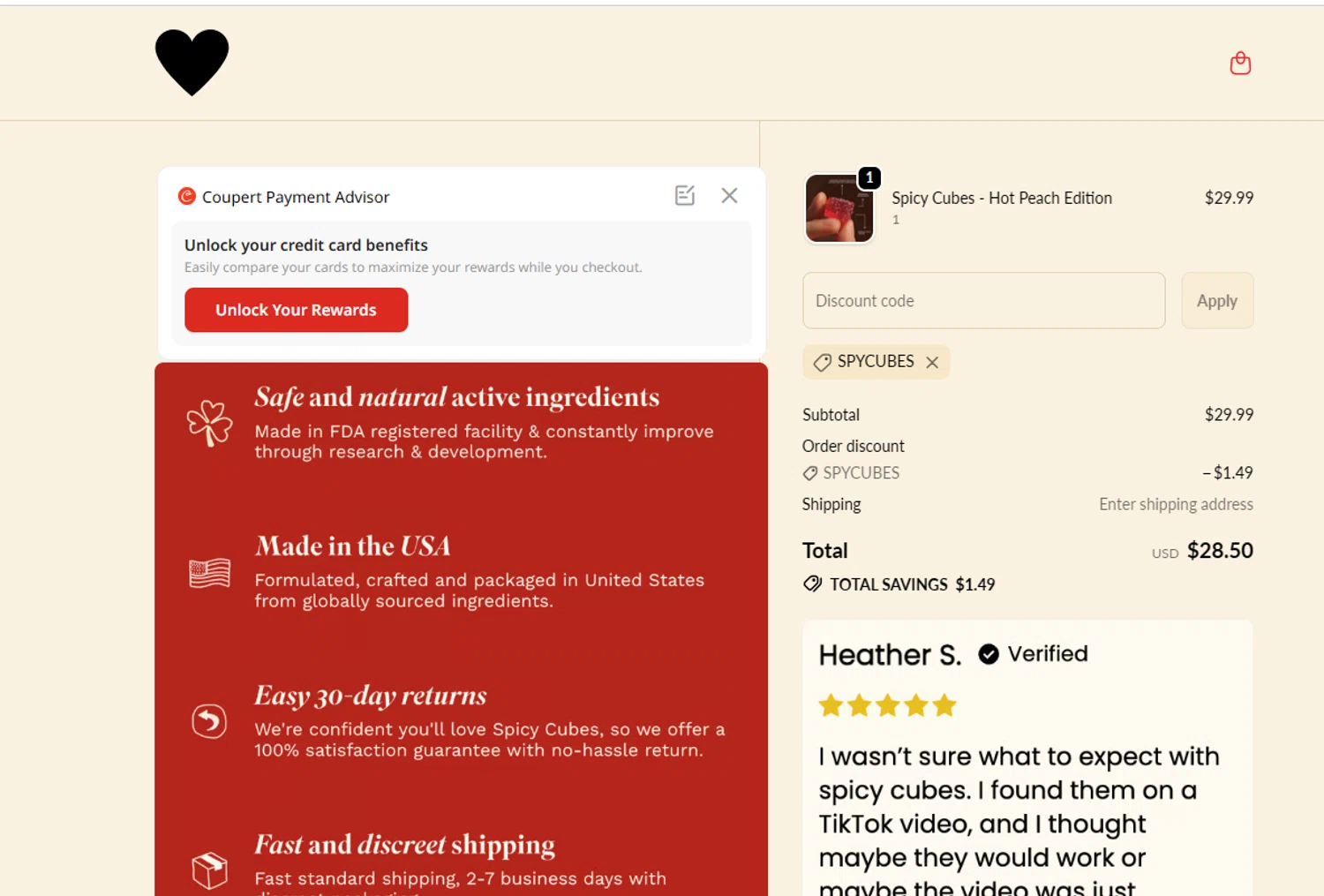 Spicy Cubes discount code screenshot showing code SPYCUBES applied at Spicy Cubes checkout page. Uploaded by SimplyCodes community member Marie_99 on Dec 6, 2025