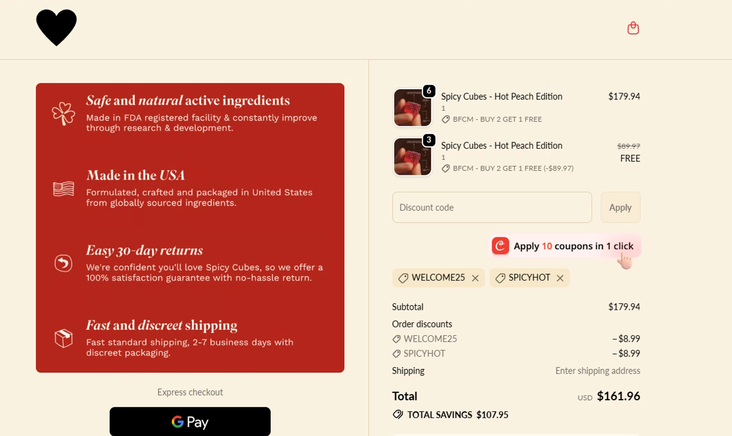 Spicy Cubes discount code screenshot showing code welcome25 applied at Spicy Cubes checkout page. Uploaded by SimplyCodes community member Marie_99 on Dec 6, 2025