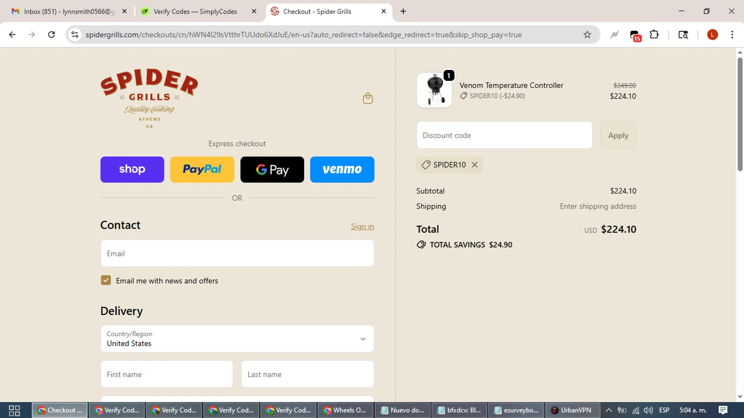 Spider Grills discount code screenshot showing code SPIDER10 applied at Spider Grills checkout page. Uploaded by SimplyCodes community member BonusHero9692 on Oct 19, 2025