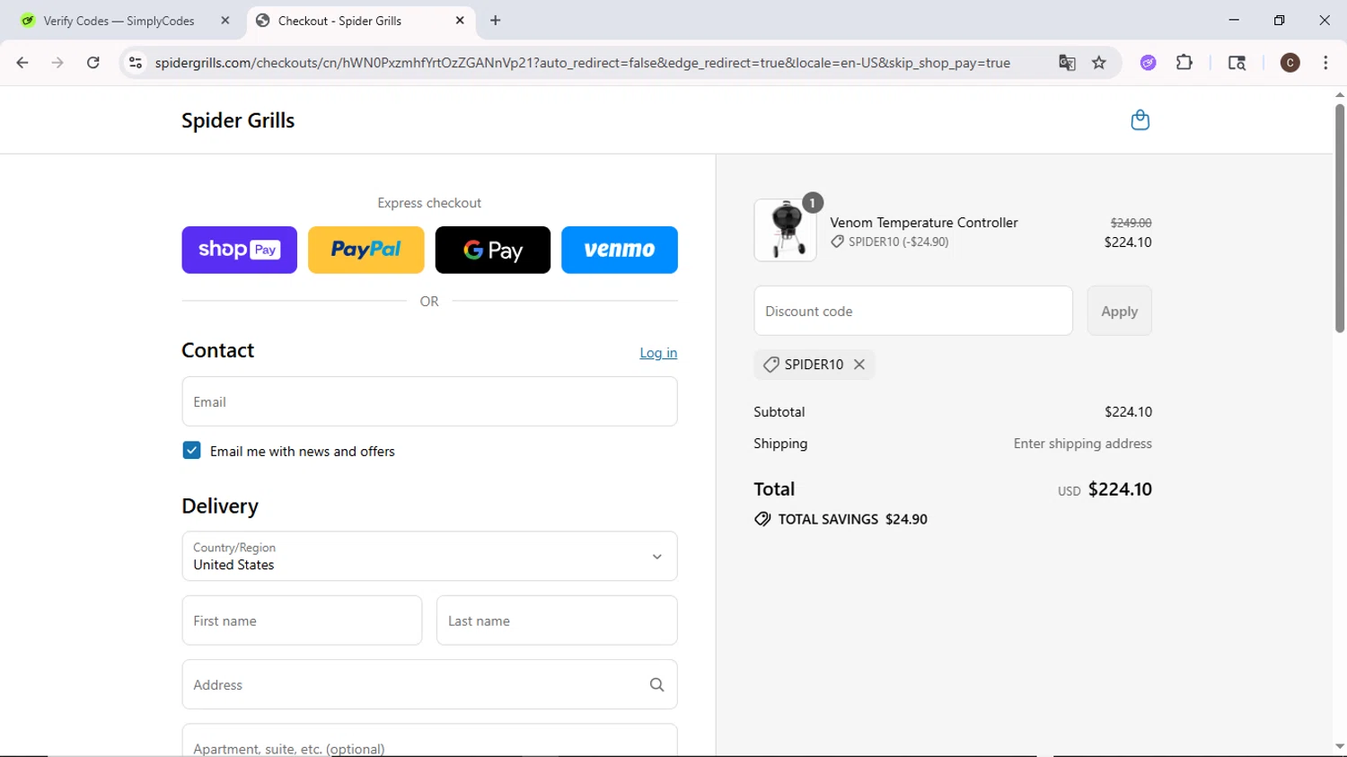 Spider Grills discount code screenshot showing code SPIDER10 applied at Spider Grills checkout page. Uploaded by SimplyCodes community member MoneyPilot9634 on Jul 9, 2025