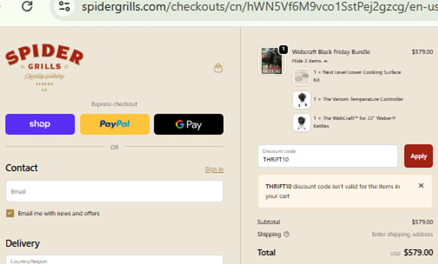 Spider Grills discount code screenshot showing code THRIFT10 applied at Spider Grills checkout page. Uploaded by SimplyCodes community member CashMaestro9337 on Nov 20, 2025