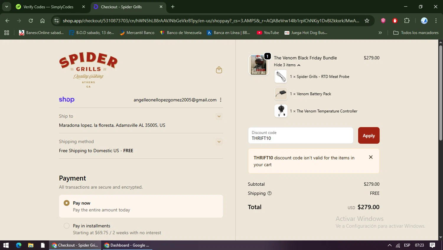 Spider Grills discount code screenshot showing code THRIFT10 applied at Spider Grills checkout page. Uploaded by SimplyCodes community member TreasureShopper9156 on Nov 25, 2025