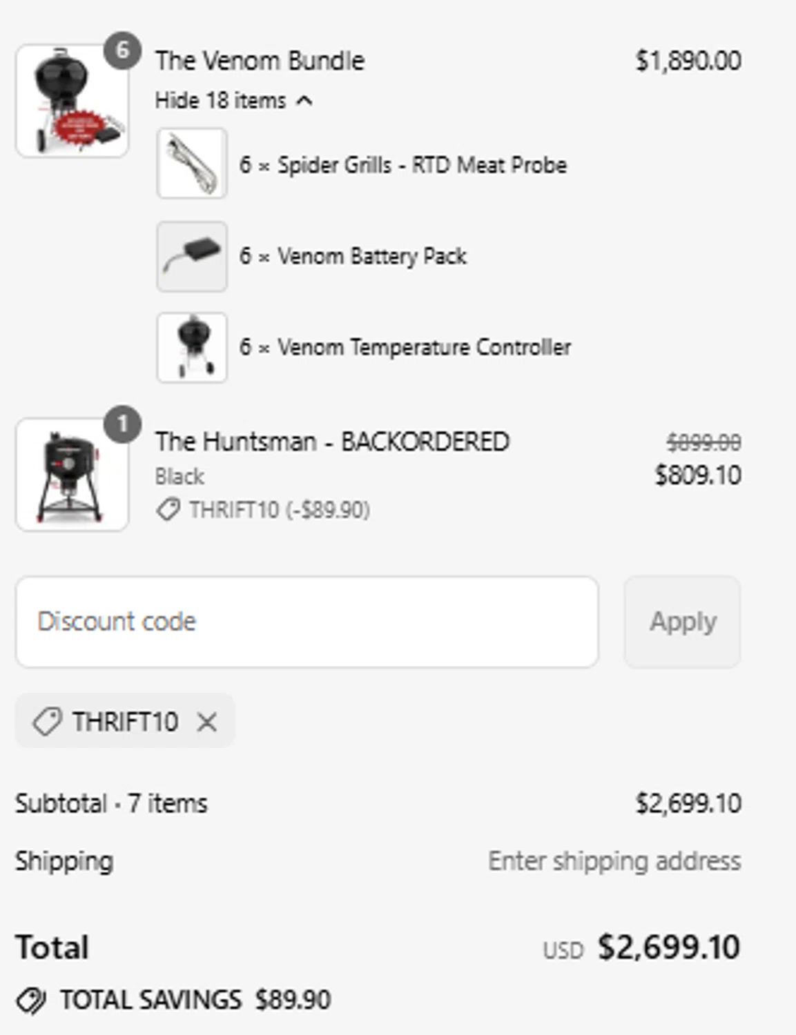 Spider Grills discount code screenshot showing code THRIFT10 applied at Spider Grills checkout page. Uploaded by SimplyCodes community member yuriannysvega on Jul 9, 2025