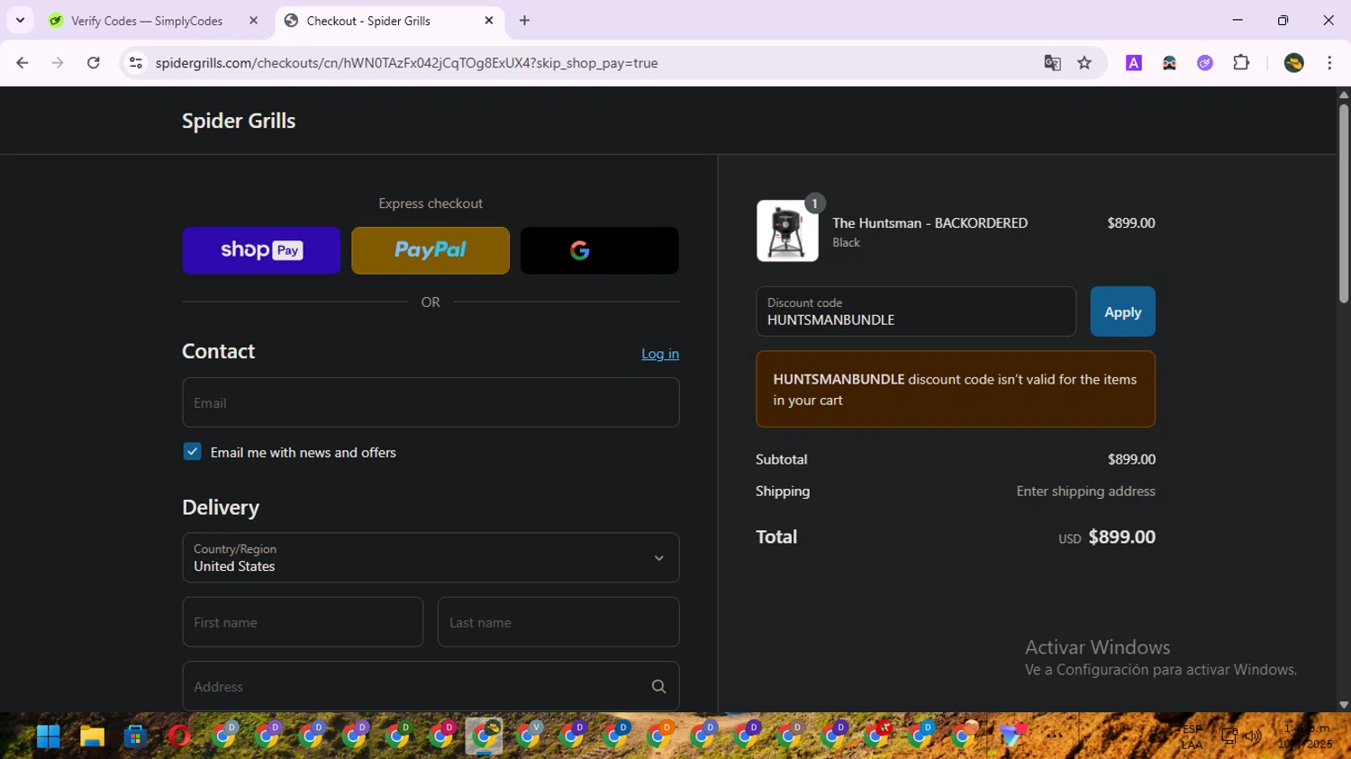 Spider Grills discount code screenshot showing code HUNTSMANBUNDLE applied at Spider Grills checkout page. Uploaded by SimplyCodes community member RewardNavigator9728 on Jul 10, 2025