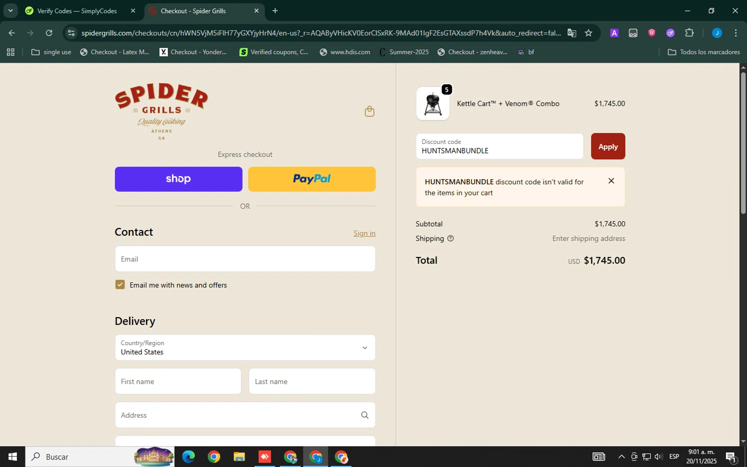 Spider Grills discount code screenshot showing code HUNTSMANBUNDLE applied at Spider Grills checkout page. Uploaded by SimplyCodes community member Xemocodes on Nov 20, 2025