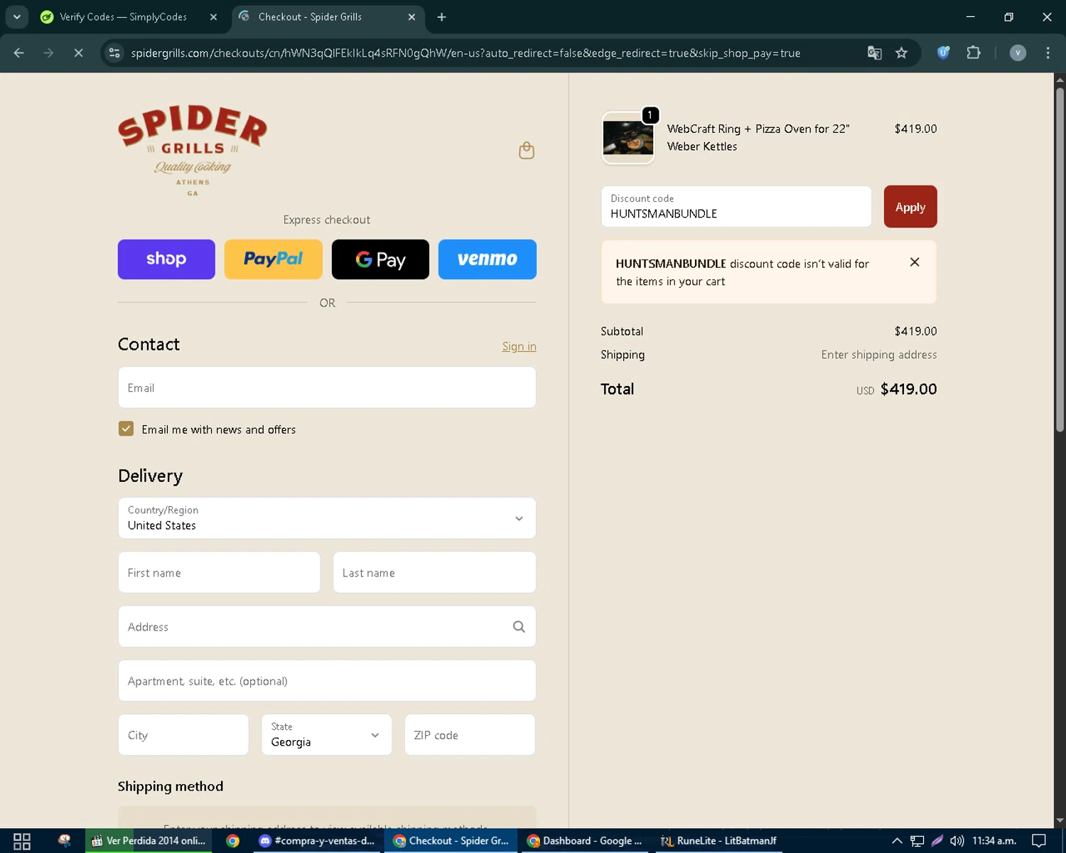 Spider Grills discount code screenshot showing code HUNTSMANBUNDLE applied at Spider Grills checkout page. Uploaded by SimplyCodes community member charmander589 on Oct 7, 2025