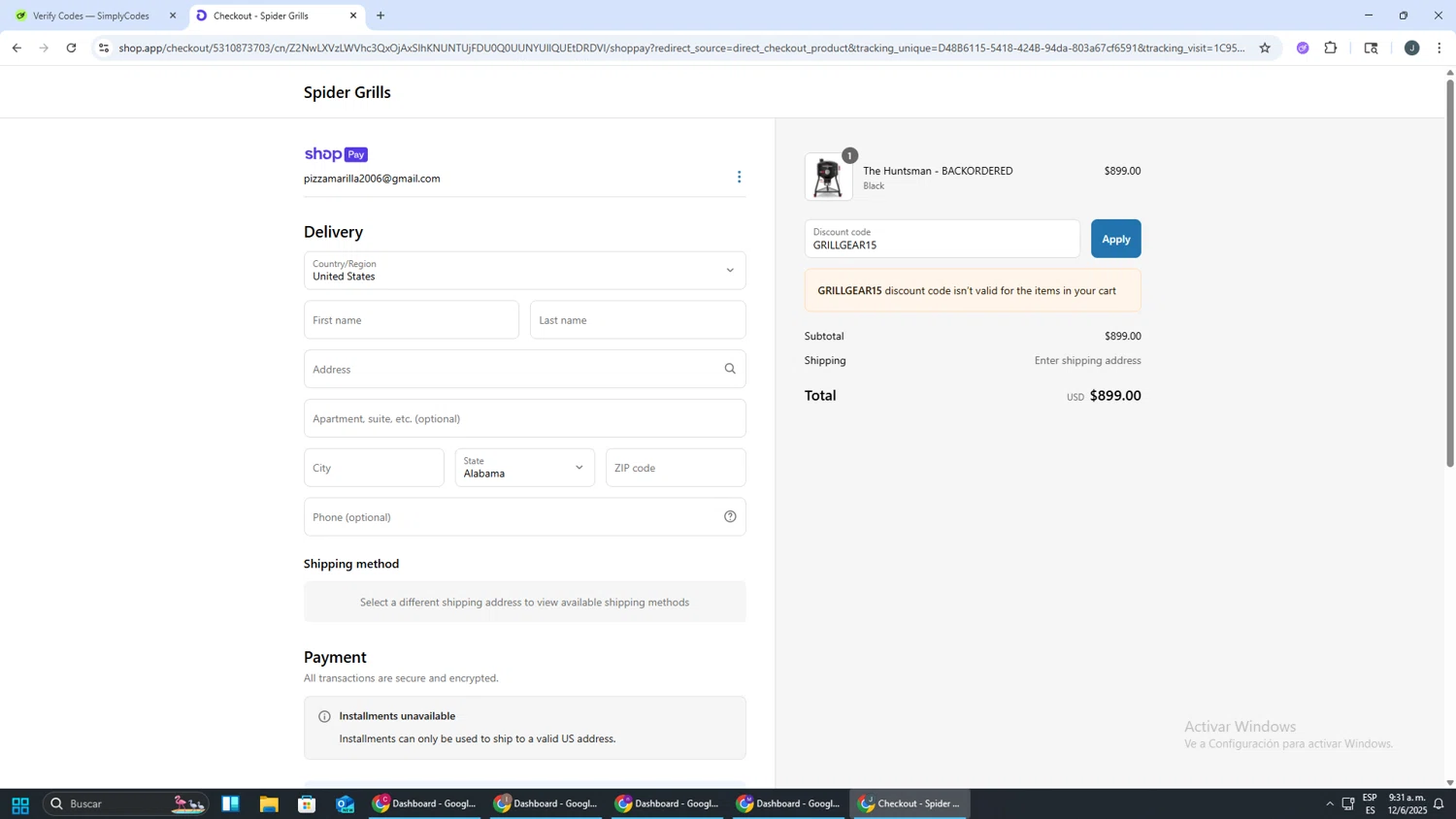 Spider Grills discount code screenshot showing code GRILLGEAR15 applied at Spider Grills checkout page. Uploaded by SimplyCodes community member AVATIGRITO on Jun 12, 2025