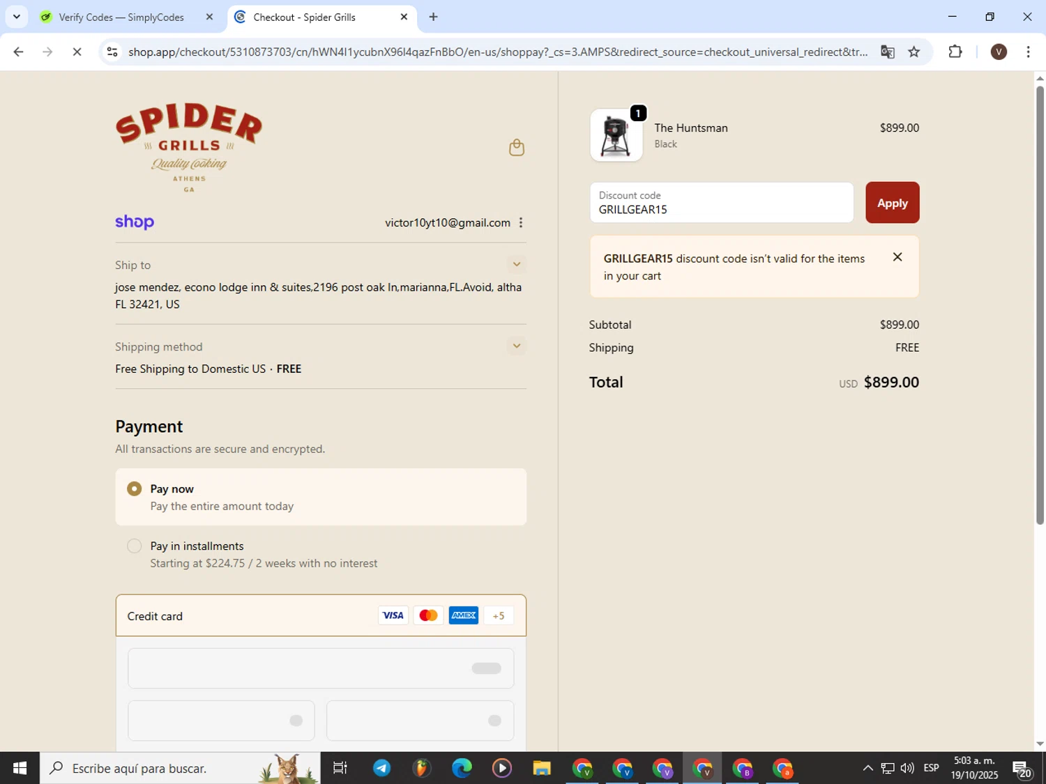 Spider Grills discount code screenshot showing code GRILLGEAR15 applied at Spider Grills checkout page. Uploaded by SimplyCodes community member CashLion3448 on Oct 19, 2025