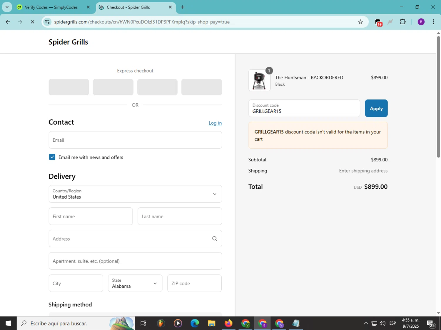 Spider Grills discount code screenshot showing code GRILLGEAR15 applied at Spider Grills checkout page. Uploaded by SimplyCodes community member Soyvictor on Jul 9, 2025