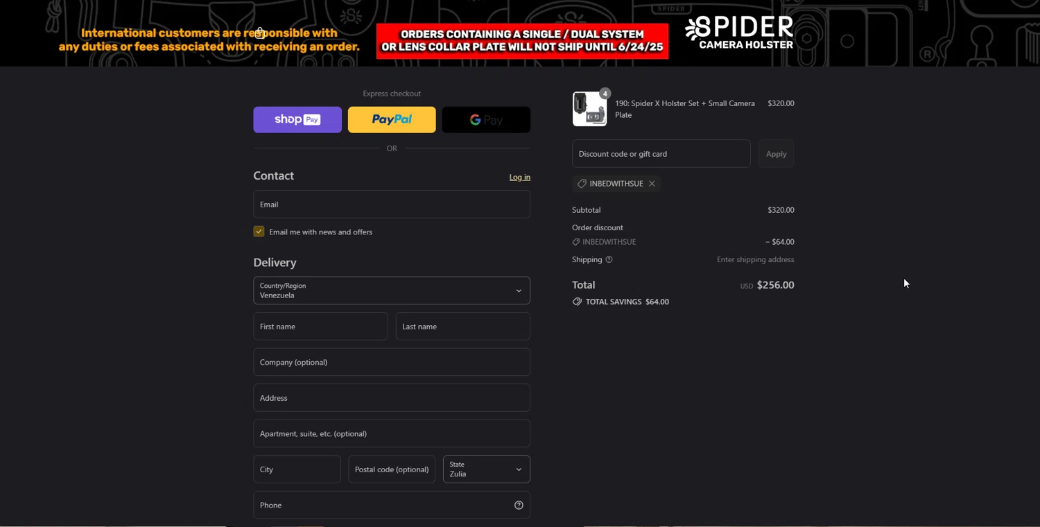 Spider Holster discount code screenshot showing code INBEDWITHSUE applied at Spider Holster checkout page. Uploaded by SimplyCodes community member Doomslayer on Aug 22, 2025