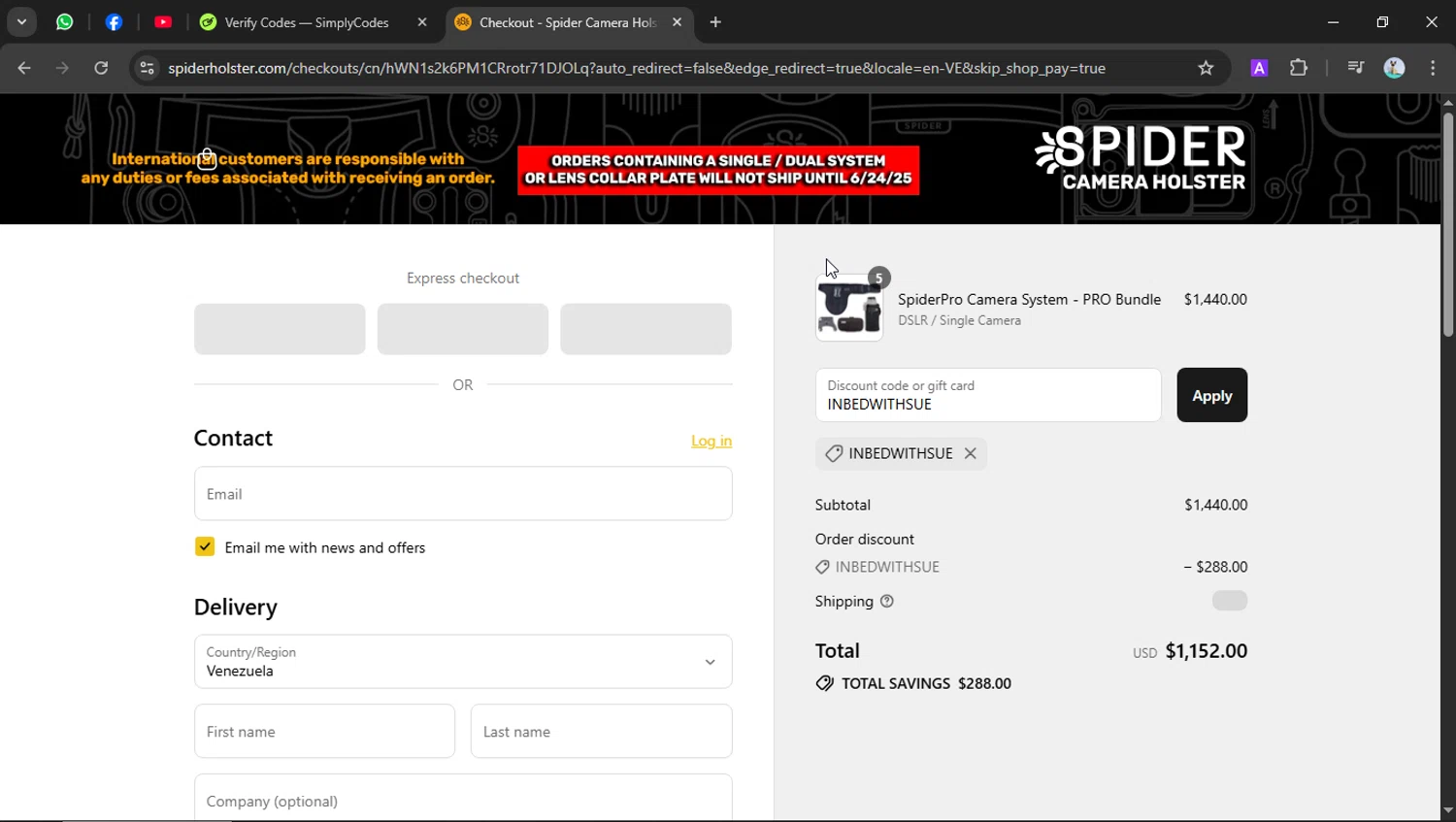 Spider Holster discount code screenshot showing code INBEDWITHSUE applied at Spider Holster checkout page. Uploaded by SimplyCodes community member SilverSeeker255 on Aug 16, 2025