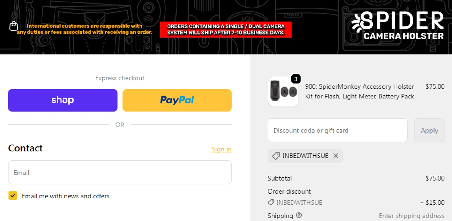 Spider Holster discount code screenshot showing code INBEDWITHSUE applied at Spider Holster checkout page. Uploaded by SimplyCodes community member veronicaarias on Nov 29, 2025