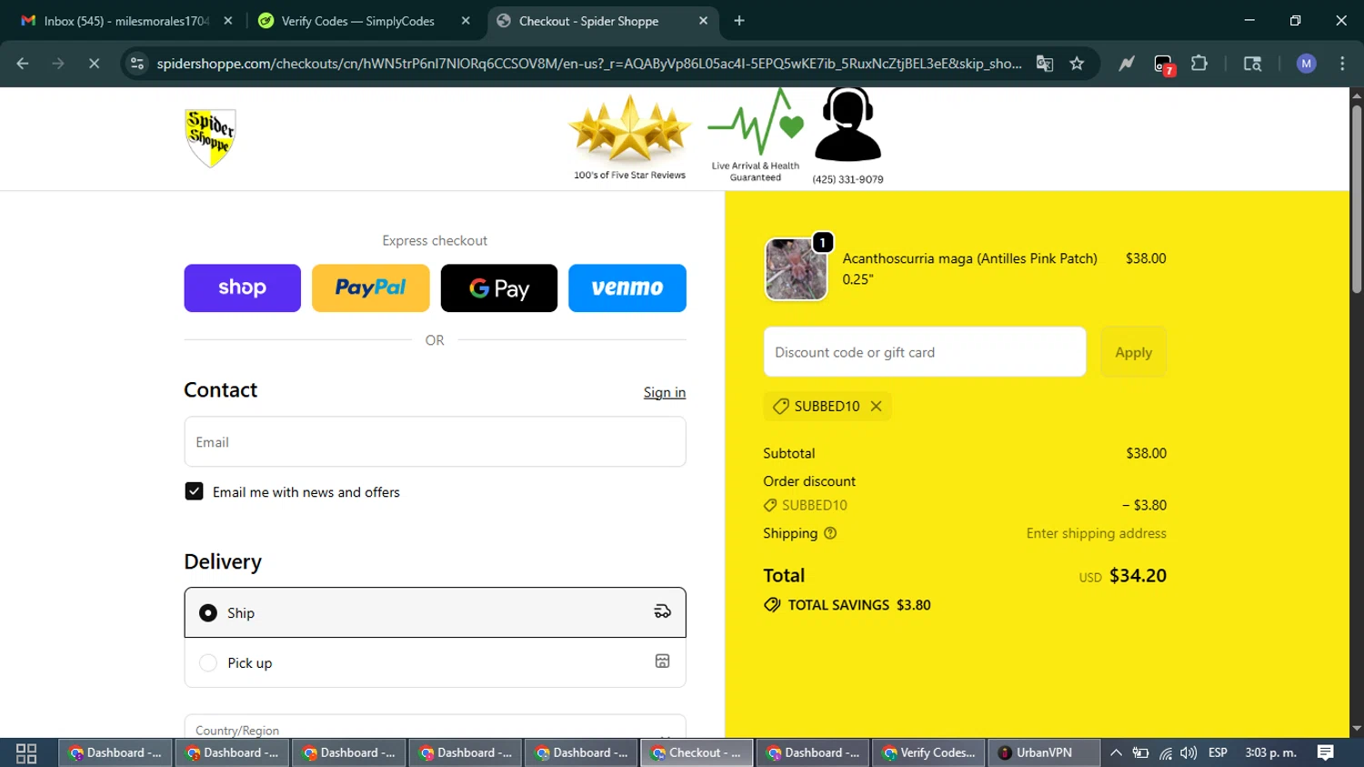 Spider Shoppe promo code screenshot showing code SUBBED10 applied at Spider Shoppe checkout page. Uploaded by SimplyCodes community member PrimeFox5260 on Nov 30, 2025