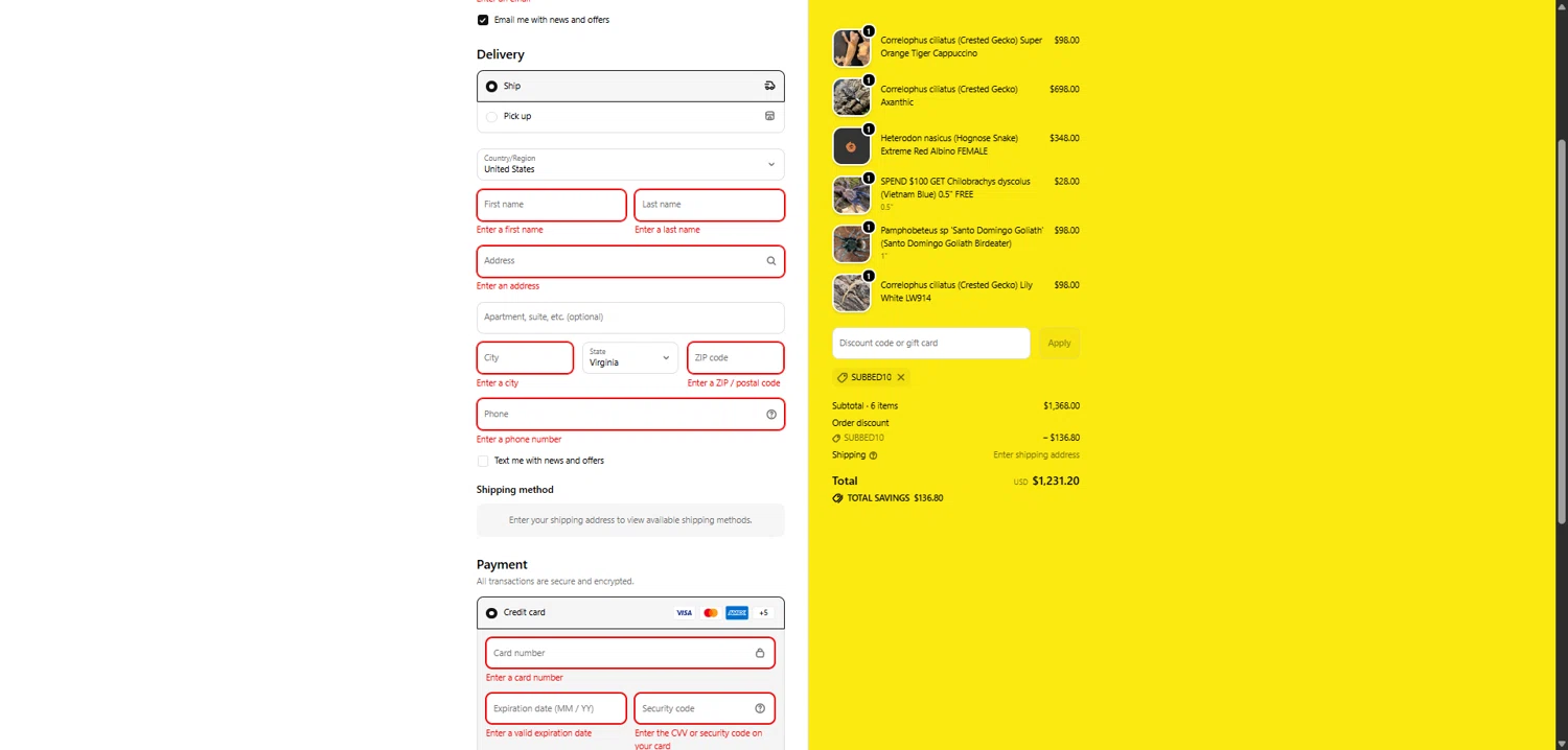 Spider Shoppe promo code screenshot showing code SUBBED10 applied at Spider Shoppe checkout page. Uploaded by SimplyCodes community member SavvyCollector7681 on Feb 1, 2026