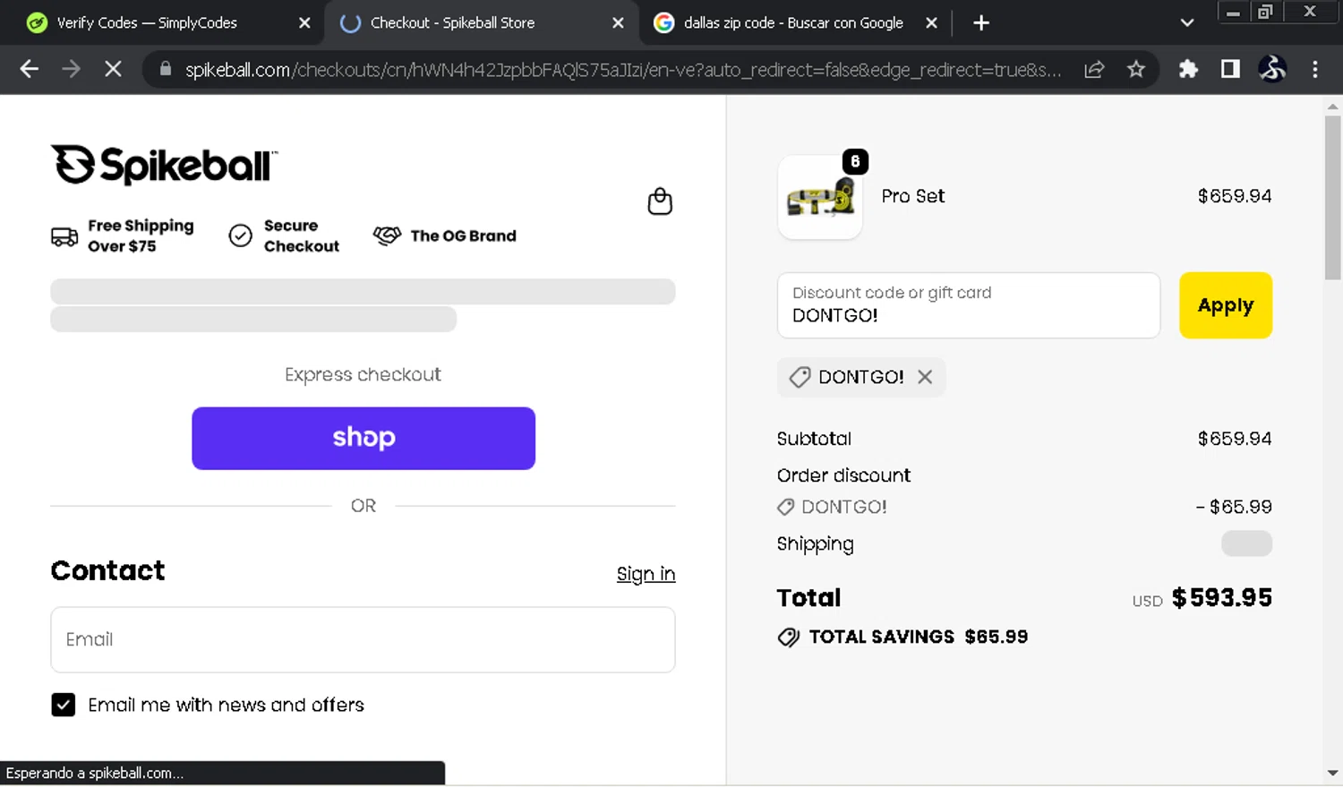 Spikeball discount code screenshot showing code DONTGO! applied at Spikeball checkout page. Uploaded by SimplyCodes community member SwiftOwl697 on Oct 30, 2025