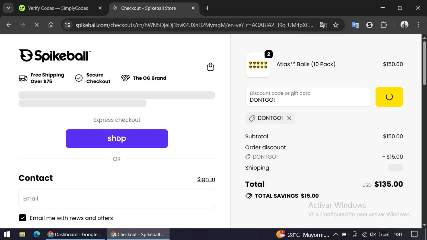 Spikeball discount code screenshot showing code DONTGO! applied at Spikeball checkout page. Uploaded by SimplyCodes community member ariannycfh on Nov 17, 2025